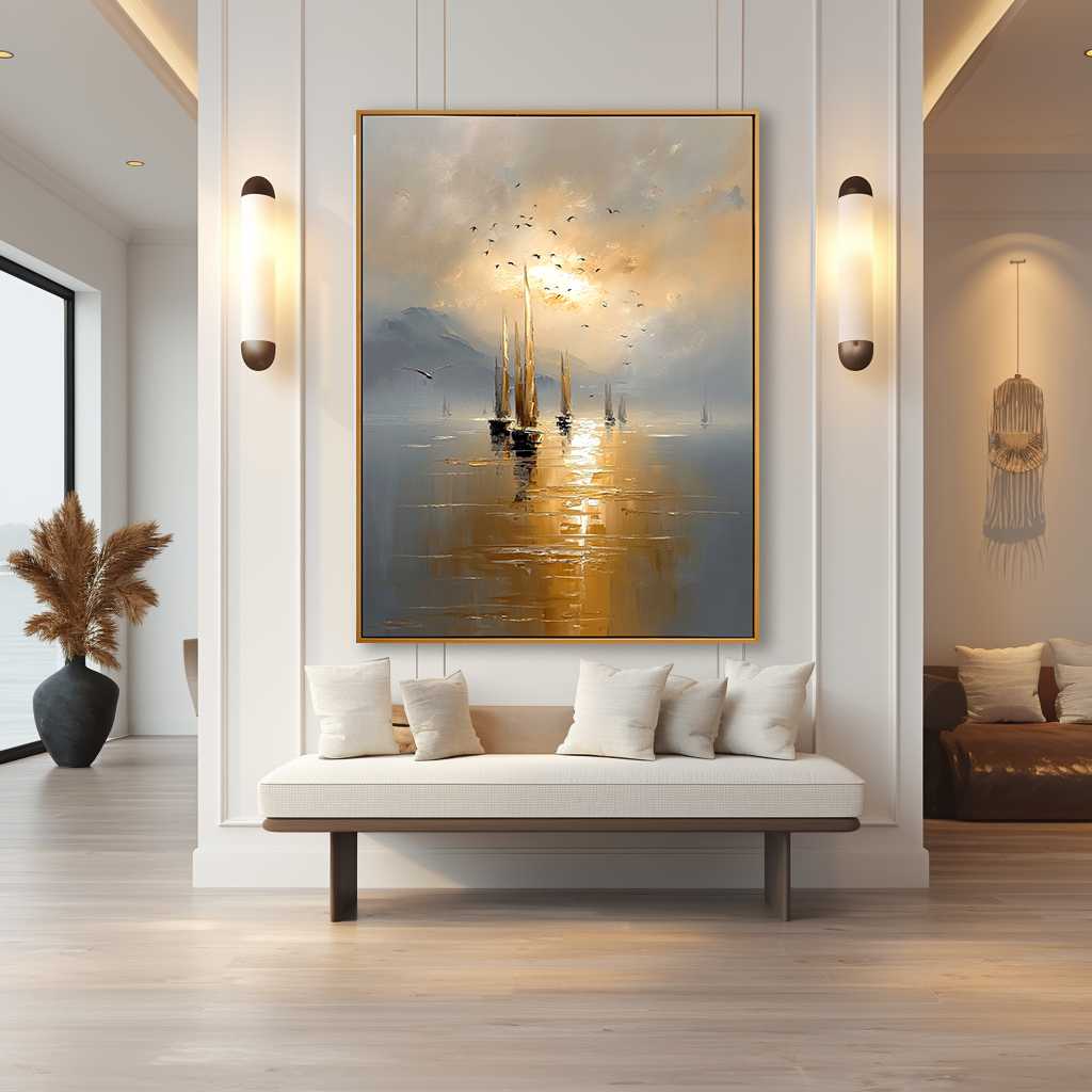 Golden Voyage Hand-Painted Sailboat Oil Painting Acoustic Panel
