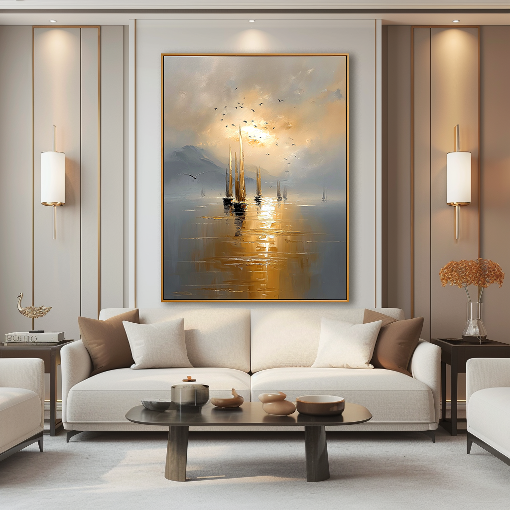 Golden Voyage Hand-Painted Sailboat Oil Painting Acoustic Panel