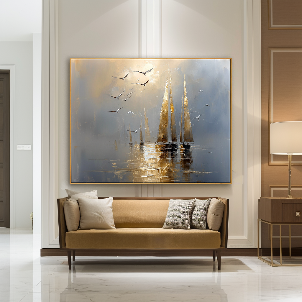 Luminous Sail – Hand-Painted Sailboat Oil Painting | Modern Coastal Wall Art