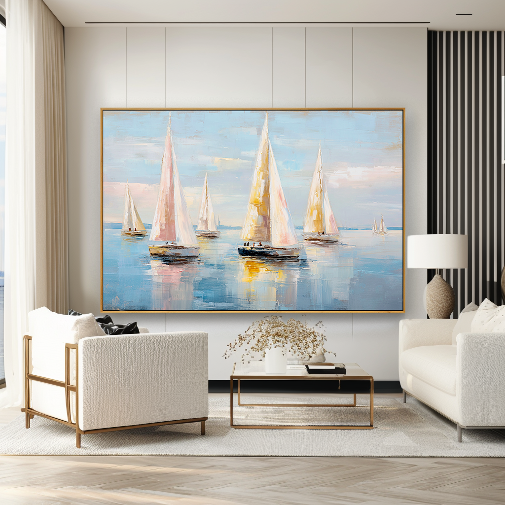 Pastel Regatta - Hand-Painted Sailboat Oil Painting Acoustic Panel