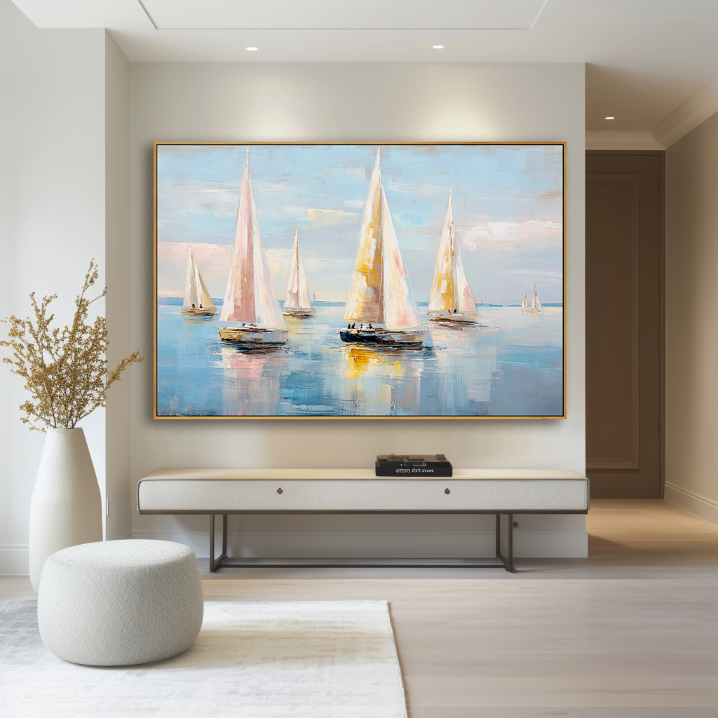 Pastel Regatta - Hand-Painted Sailboat Oil Painting Acoustic Panel
