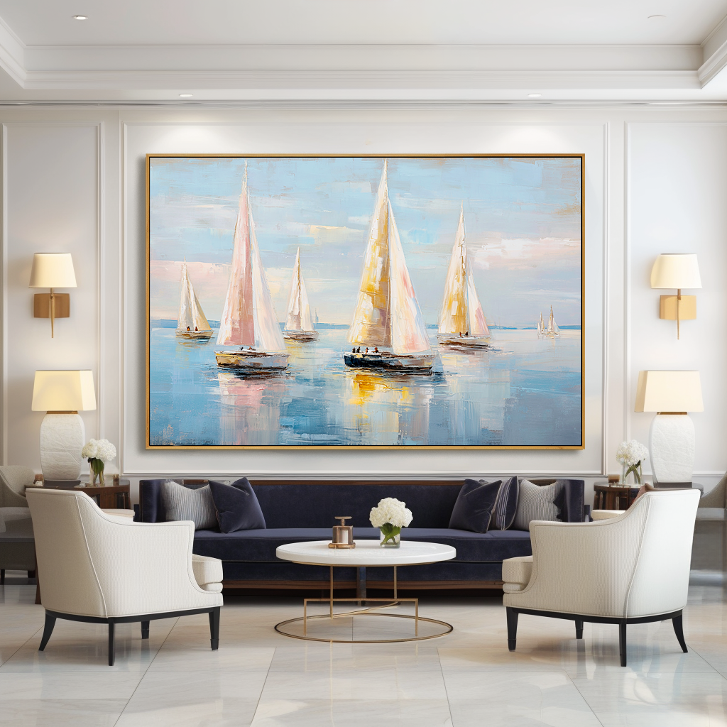 Pastel Regatta - Hand-Painted Sailboat Oil Painting Acoustic Panel