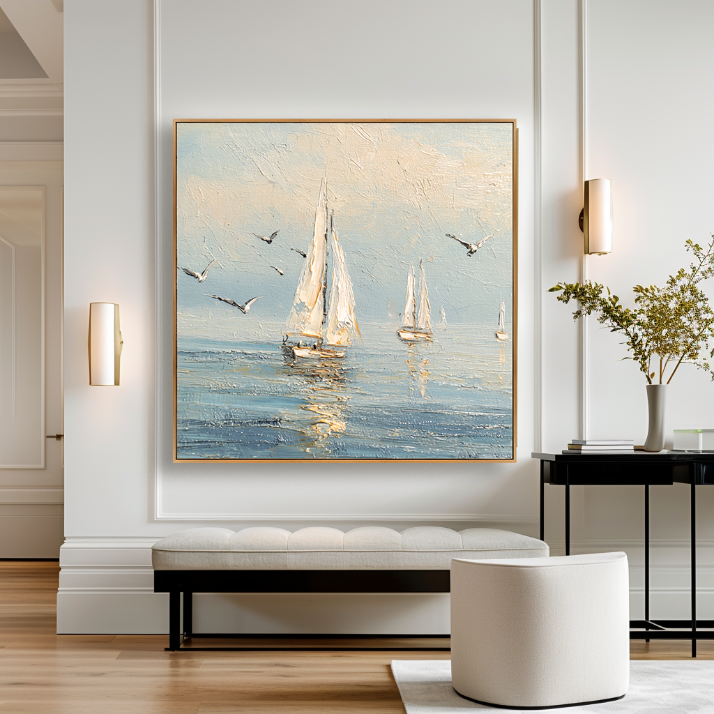 Seafoam Morning - Hand-Painted Sailboat Oil Painting Acoustic Panel