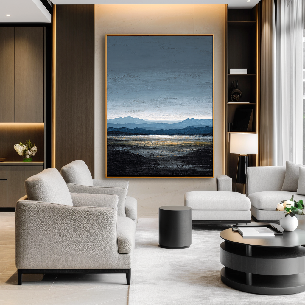 Distant Blue Horizon – Hand-Painted Minimalist Landscape Wall Art with Subtle Texture for Modern Home Decor