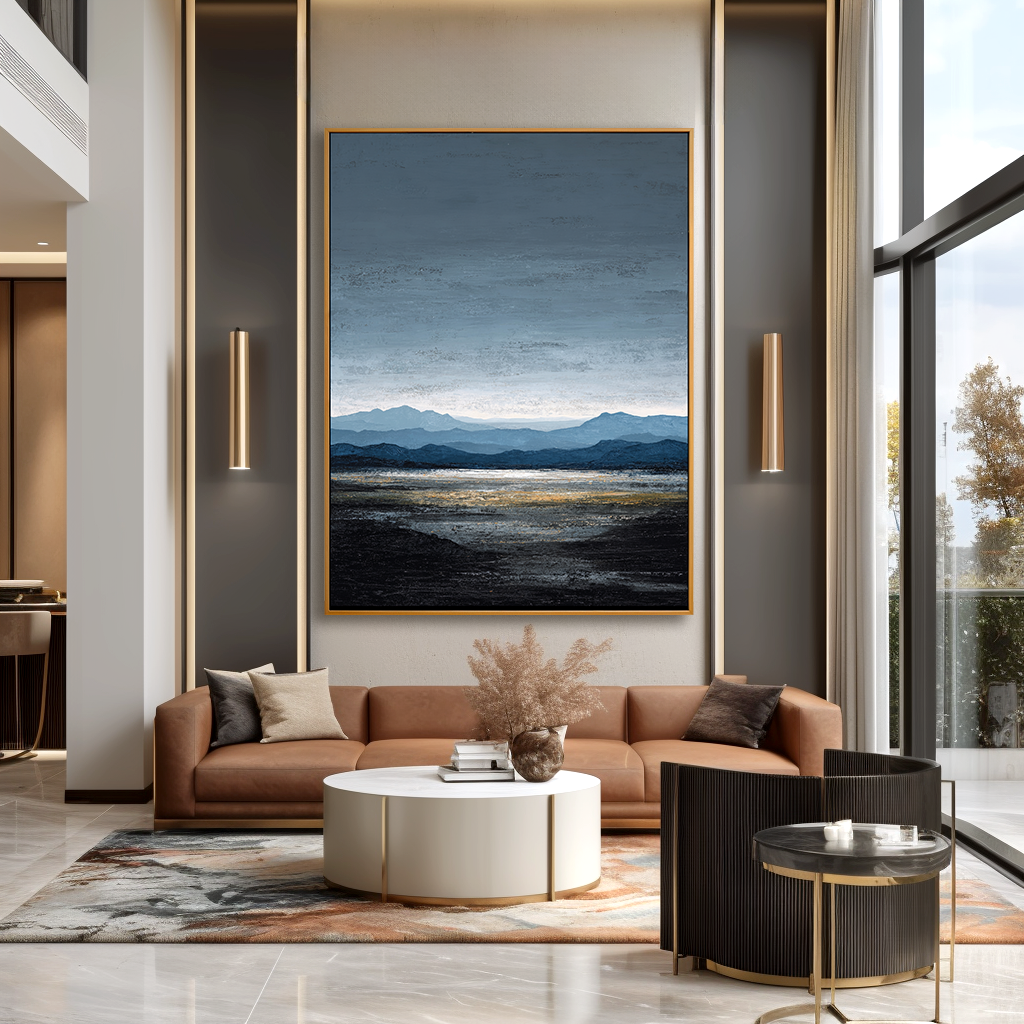 Distant Blue Horizon – Hand-Painted Minimalist Landscape Wall Art with Subtle Texture for Modern Home Decor