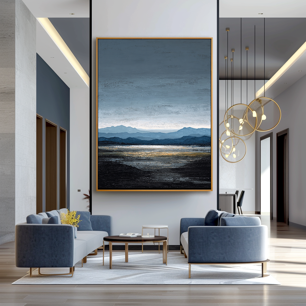 Distant Blue Horizon – Hand-Painted Minimalist Landscape Wall Art with Subtle Texture for Modern Home Decor