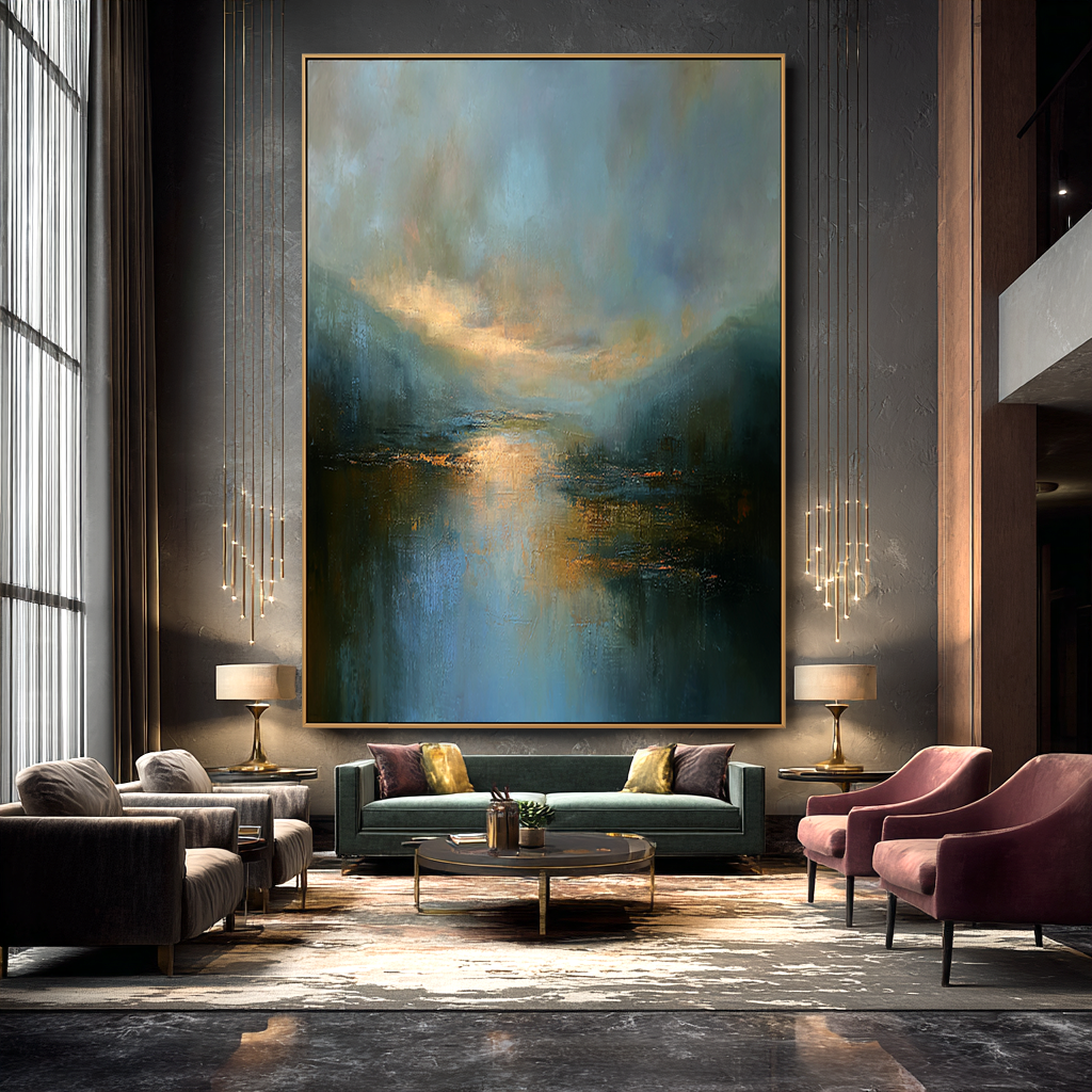 Vertical Still Waters – Hand-Painted Landscape Wall Art with Layered Texture for Modern Home Decor