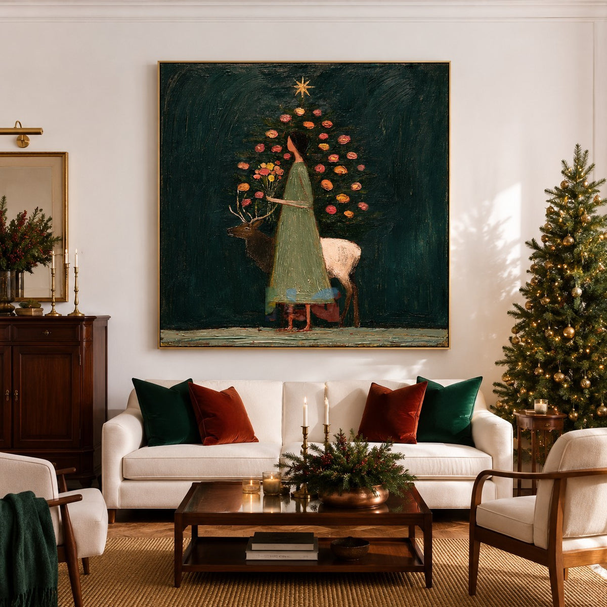 Midnight Garden Muse – Figurative Floral Deer Wall Art