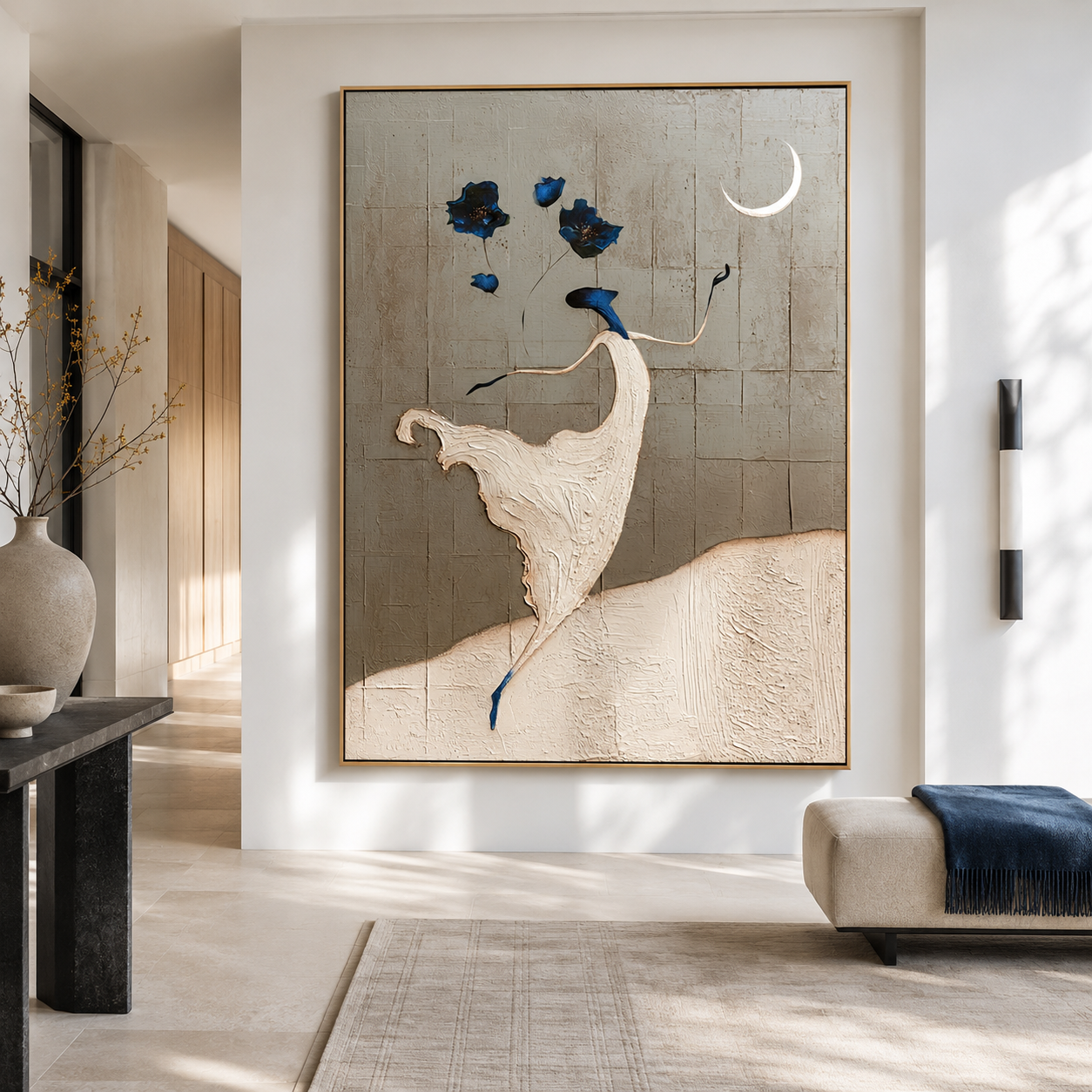 Moonlit Bloom - Hand-Painted Abstract Floral Figure Painting Acoustic Panel