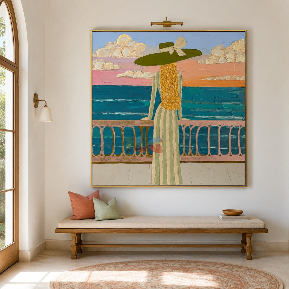 Seaside Balcony Reverie – Coastal Figure Wall Art