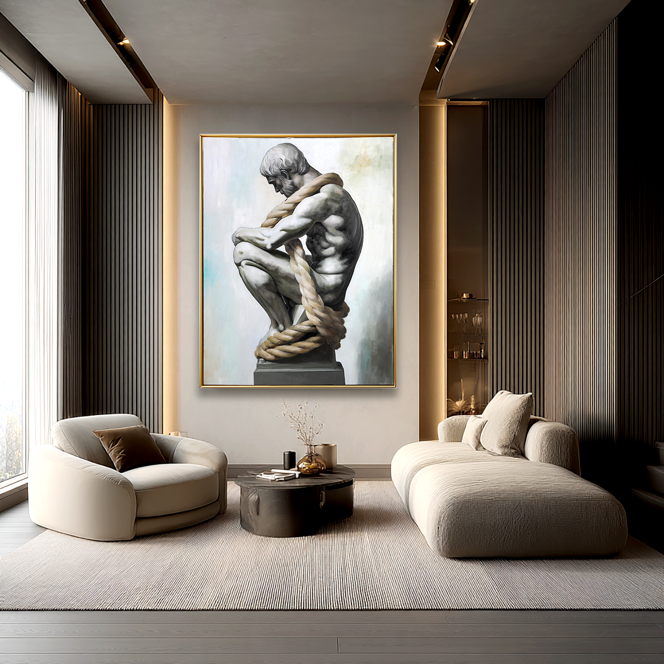 Bound Thought – Textured Figurative Oil Painting, Modern Minimalist Sculpture-Inspired Wall Art for Home or Office
