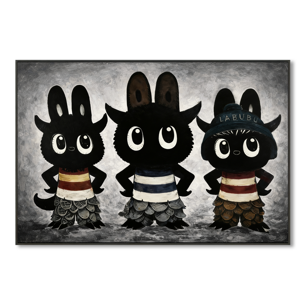 Labubu Inspired Character Group Oil Painting, Black and White Designer ...