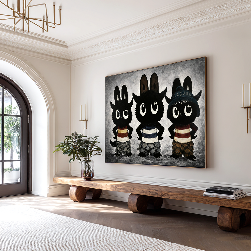 Swadow Labubu Labubu Inspired Character Group Oil Painting, Black and White Designer ...