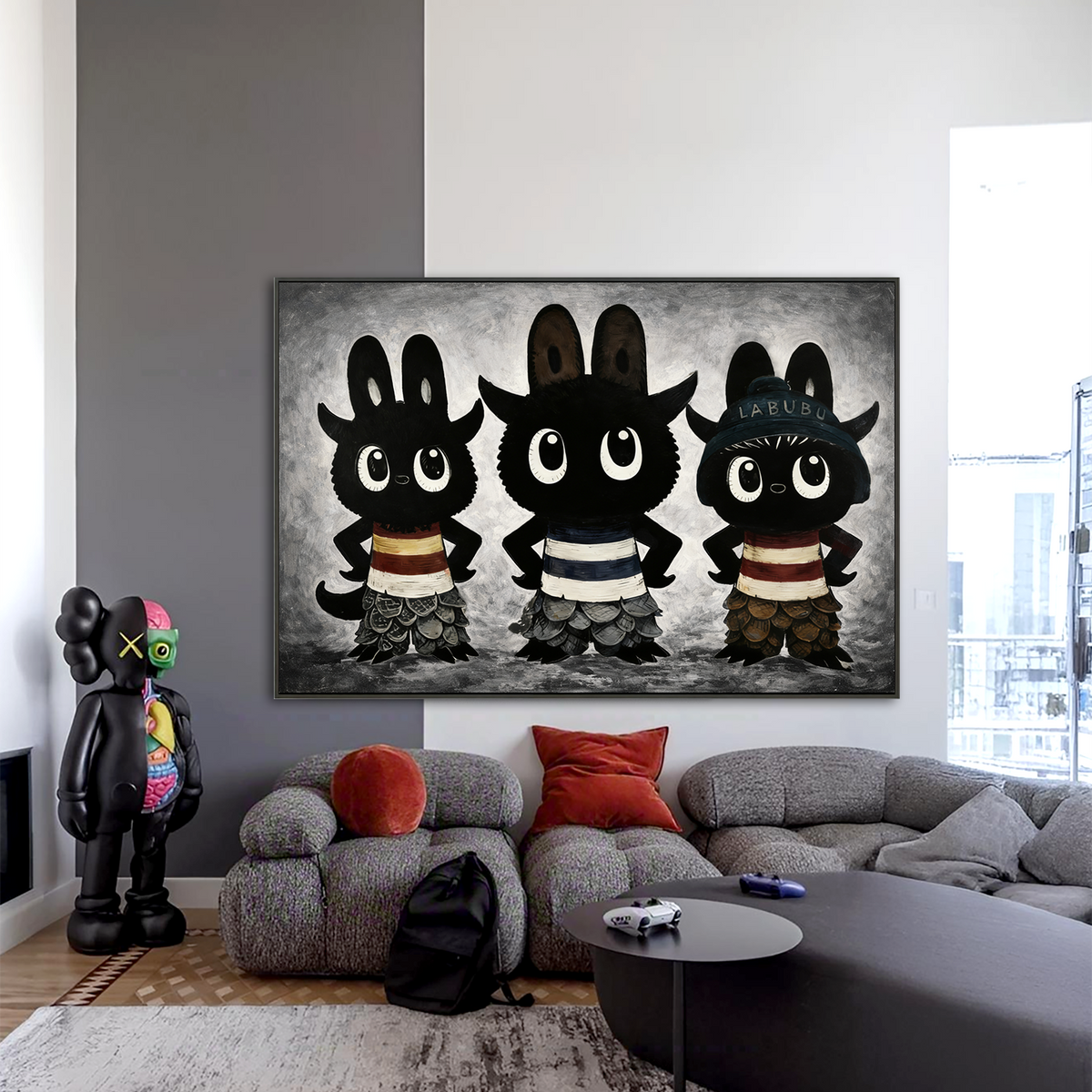 Labubu Inspired Character Group Oil Painting, Black and White Designer ...