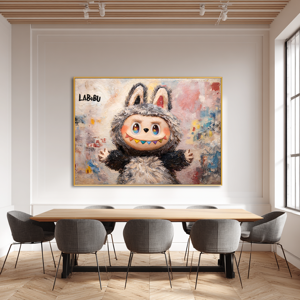 Soft Rainbow Smile - Labubu Inspired Character Oil Painting