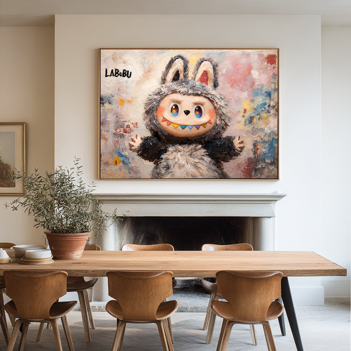 Soft Rainbow Smile - Labubu Inspired Character Oil Painting