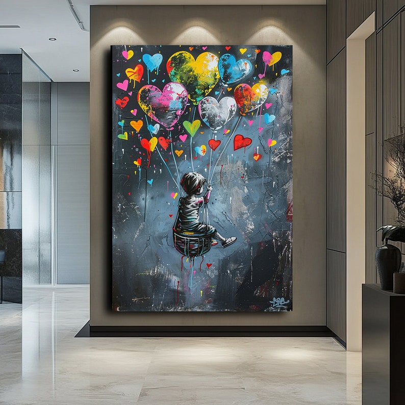 Hearts in the Sky — Graffiti Balloon Love Oil Painting, Street Pop Wall Art