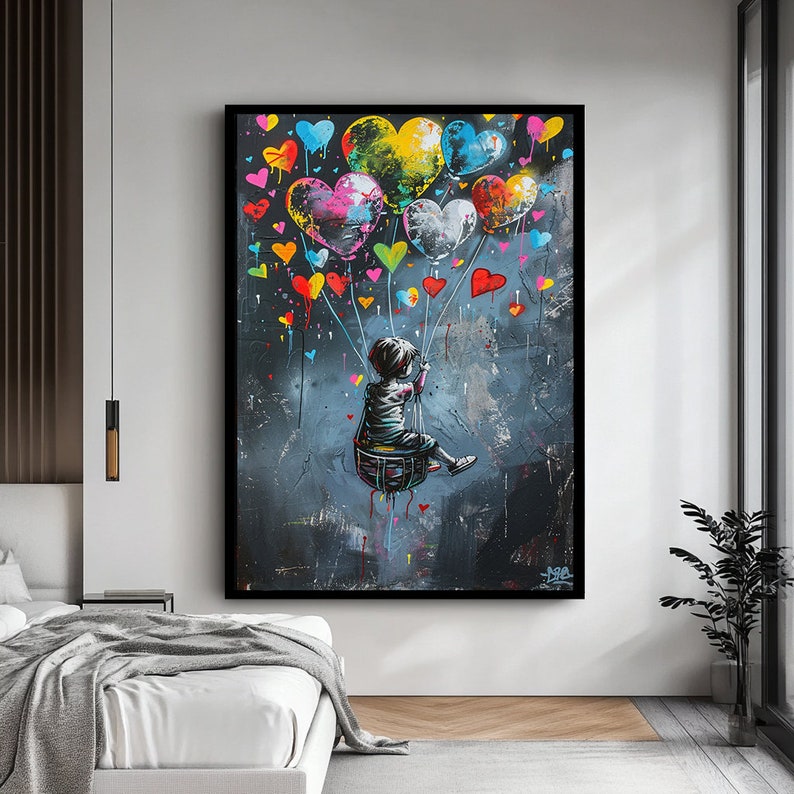 Hearts in the Sky — Graffiti Balloon Love Oil Painting, Street Pop Wall Art