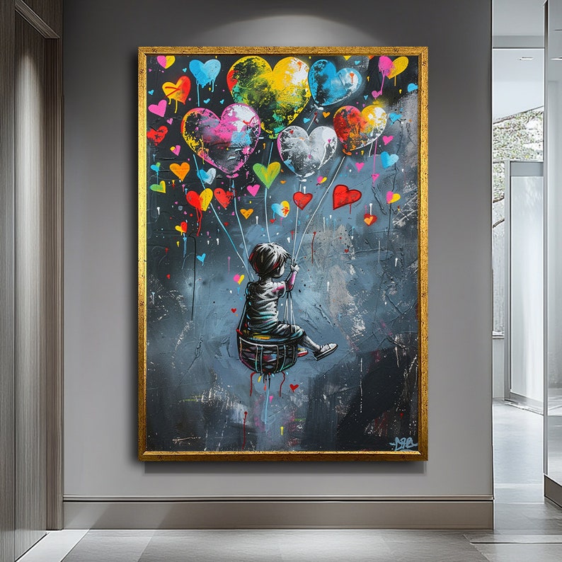 Hearts in the Sky — Graffiti Balloon Love Oil Painting, Street Pop Wall Art