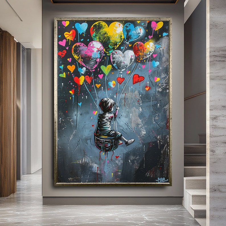 Hearts in the Sky — Graffiti Balloon Love Oil Painting, Street Pop Wall Art