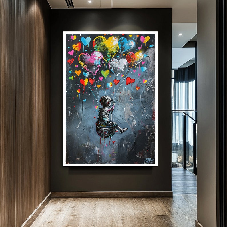 Hearts in the Sky — Graffiti Balloon Love Oil Painting, Street Pop Wall Art