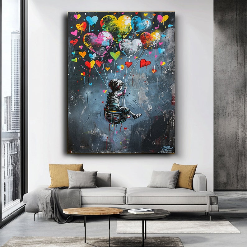 Hearts in the Sky — Graffiti Balloon Love Oil Painting, Street Pop Wall Art
