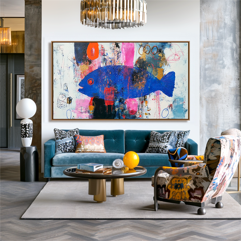 Midnight Current — Abstract Blue Fish Oil Painting, Expressionist Textured Wall Art