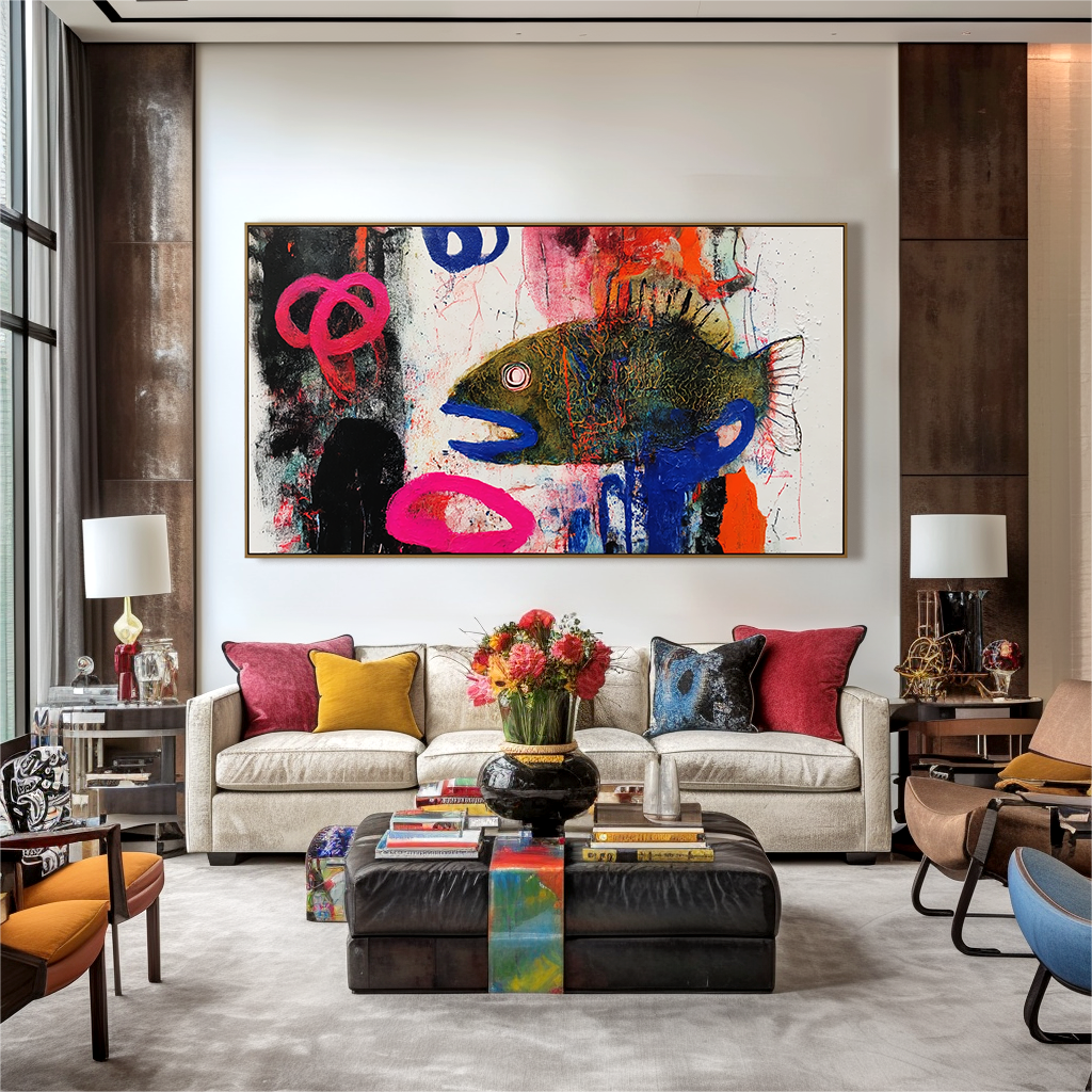 Neon Depth — Abstract Fish Expressionist Oil Painting, Bold Textured Wall Art