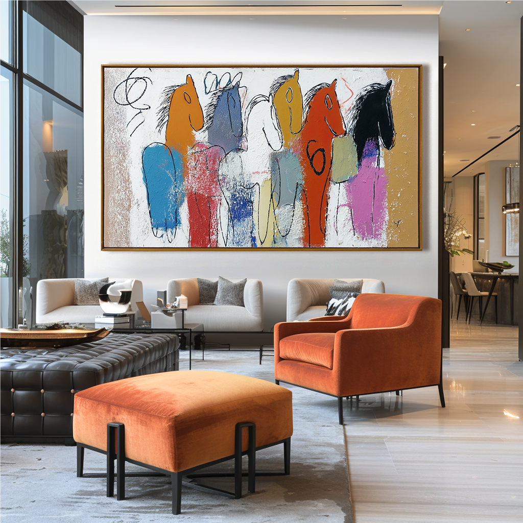 Parade of Colors — Abstract Horse Oil Painting, Naive Art Textured Wall Art