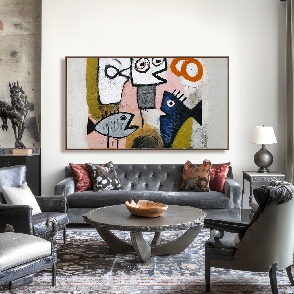 Primitive Voices — Abstract Fish & Faces Oil Painting, Naive Art Textured Wall Art