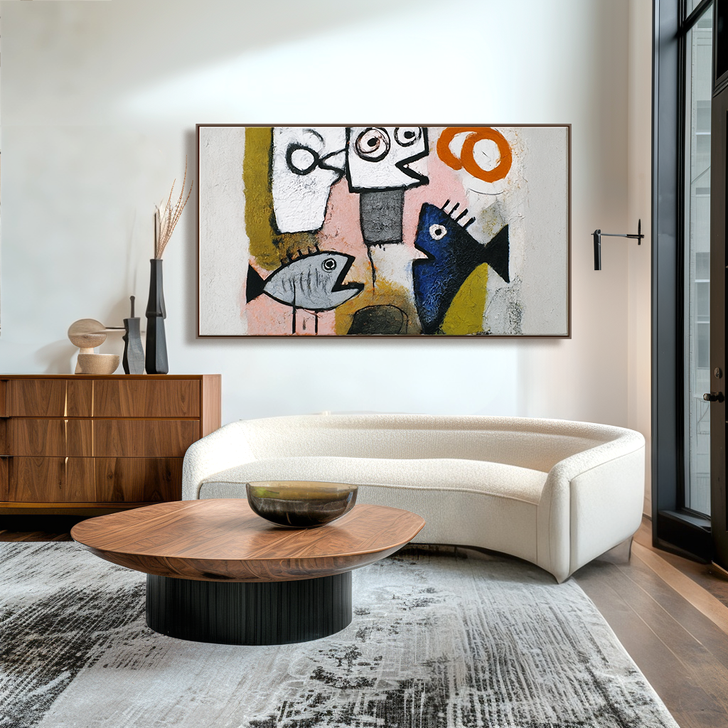 Primitive Voices — Abstract Fish & Faces Oil Painting, Naive Art Textured Wall Art