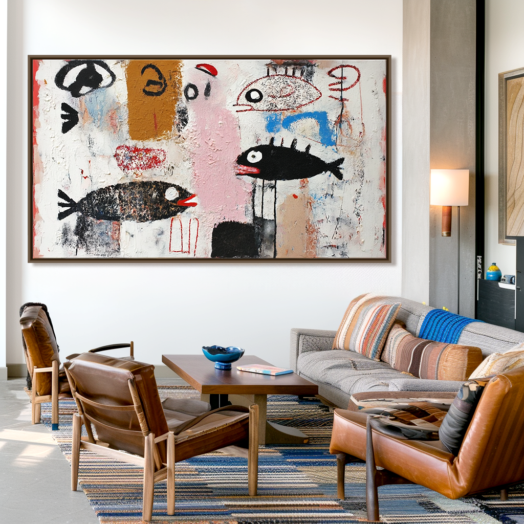 Whispers of the Sea — Abstract Fish Naive Art Oil Painting, Textured Primitive Wall Art