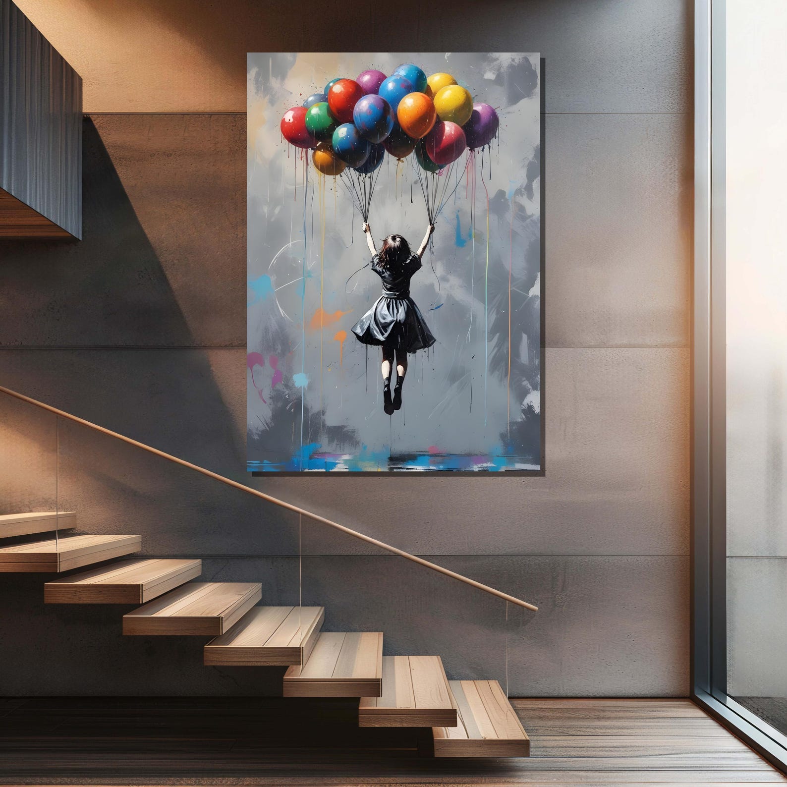Lifted Dreams — Graffiti Balloon Girl Oil Painting, Street Art Canvas Wall Art