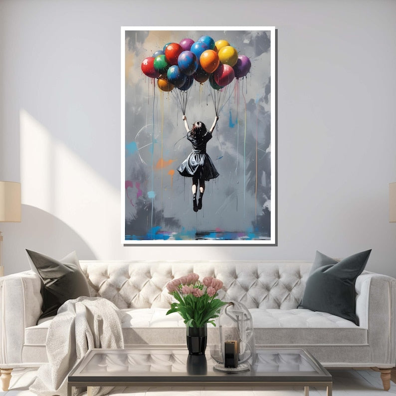 Lifted Dreams — Graffiti Balloon Girl Oil Painting, Street Art Canvas Wall Art