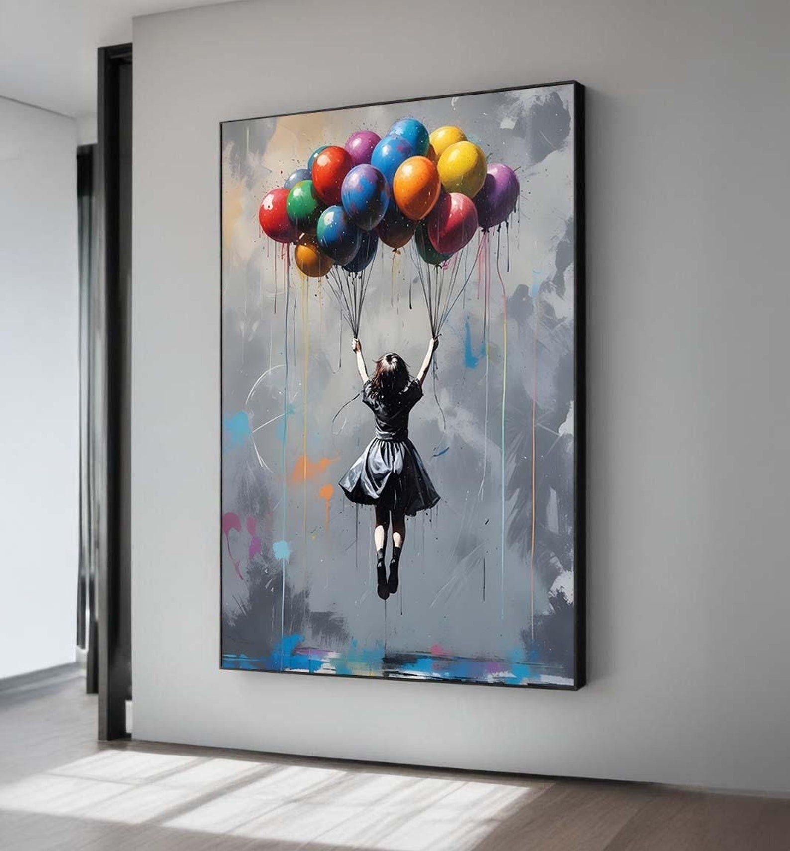 Lifted Dreams — Graffiti Balloon Girl Oil Painting, Street Art Canvas Wall Art