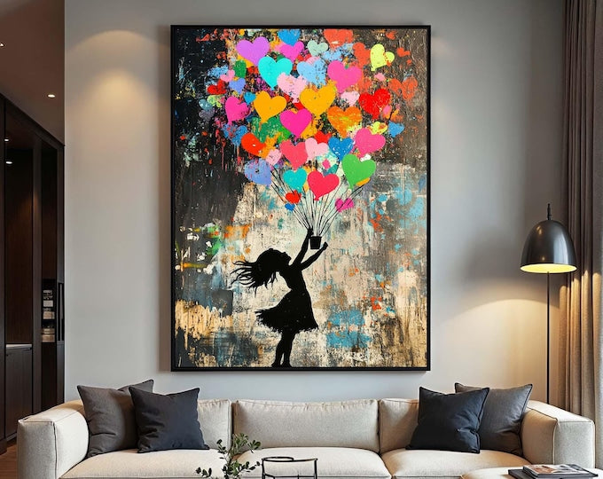 Love Lift — Graffiti Heart Balloon Girl Oil Painting, Street Pop Wall Art