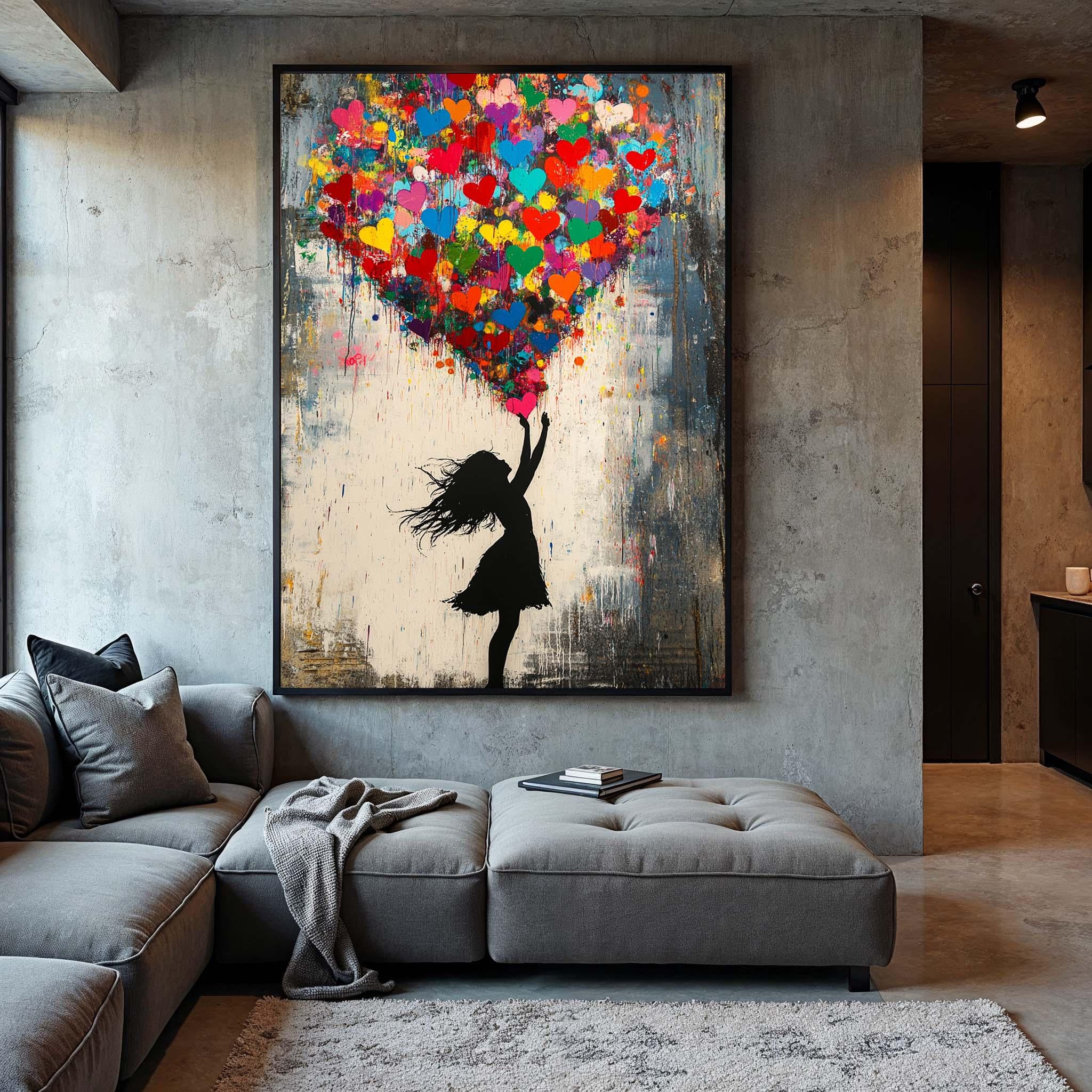 Love Lift — Graffiti Heart Balloon Girl Oil Painting, Street Pop Wall Art