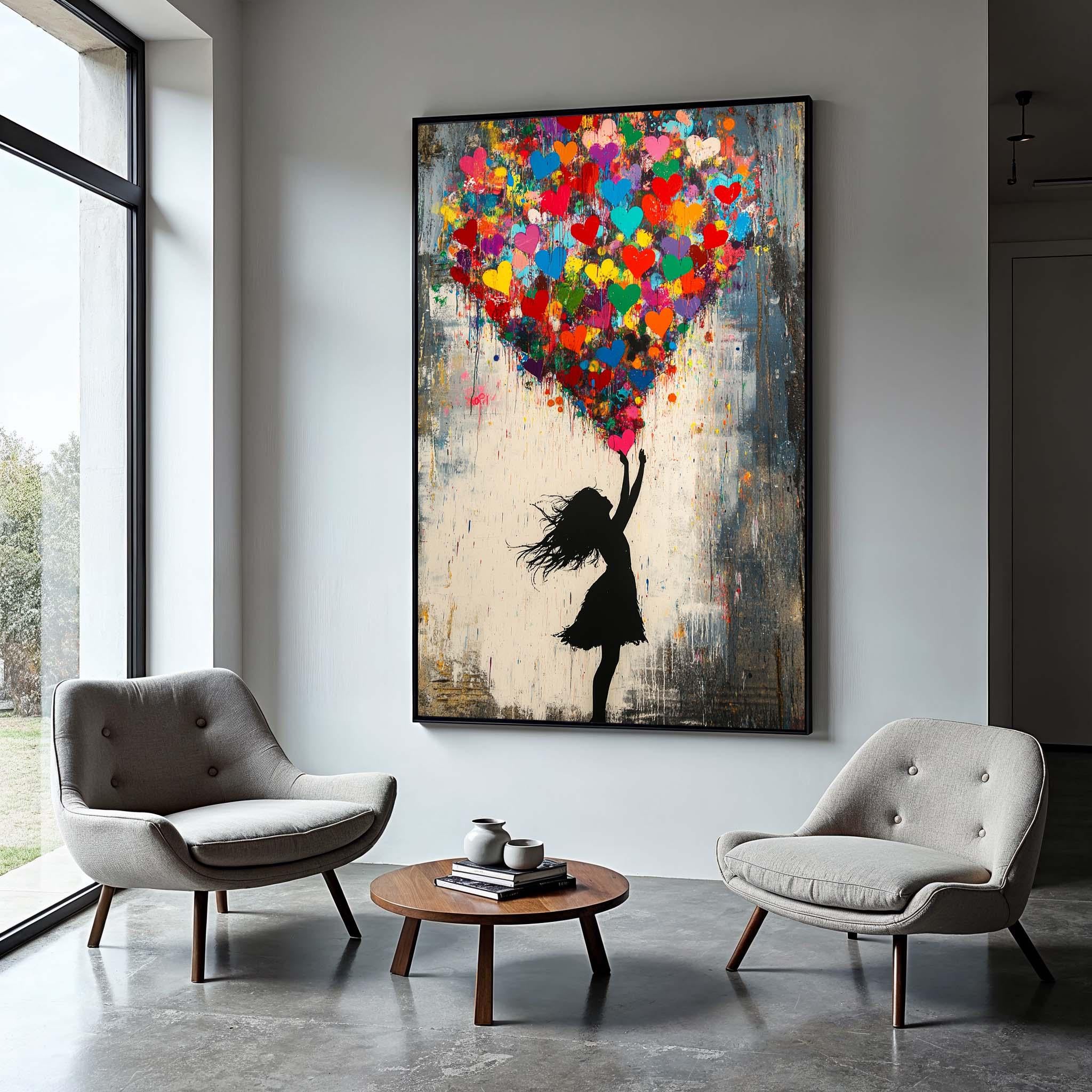 Love Lift — Graffiti Heart Balloon Girl Oil Painting, Street Pop Wall Art