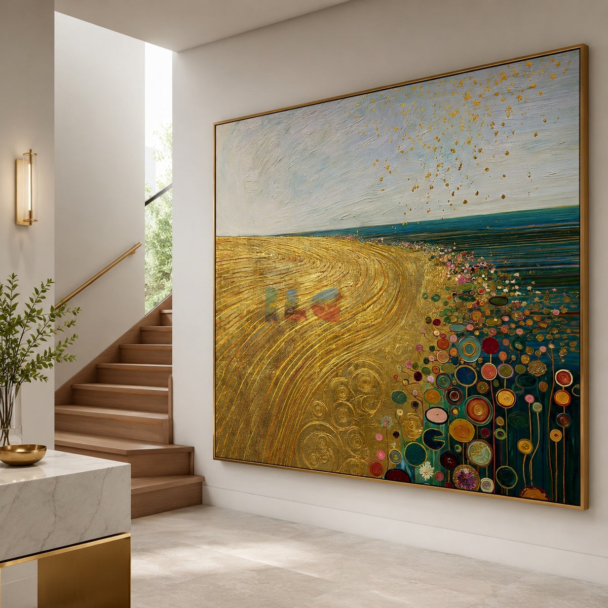 Gilded Meadow Horizon – Abstract Landscape Textured Wall Art
