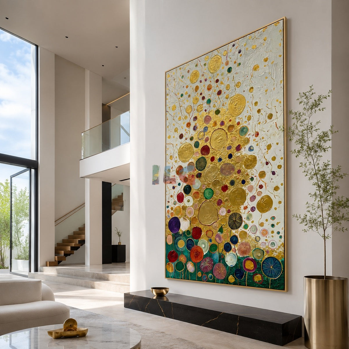 Golden Bloom Constellation – Decorative Botanical Textured Wall Art
