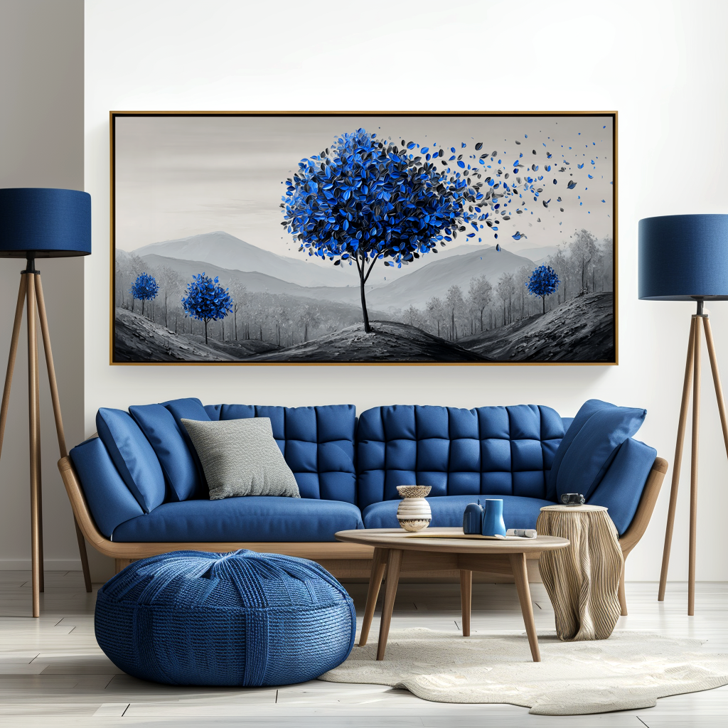 Breeze of Tranquility - Textured Blue Tree Landscape Oil Painting