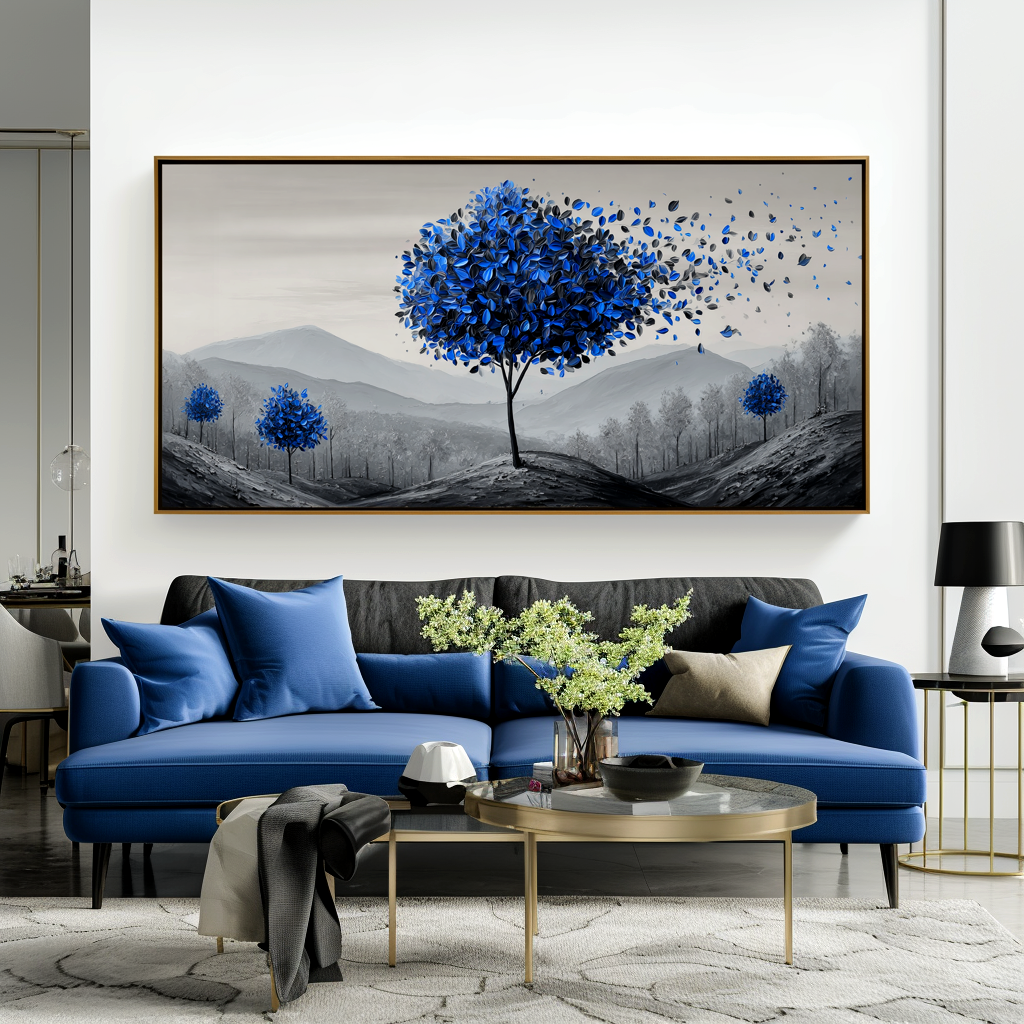 Breeze of Tranquility - Textured Blue Tree Landscape Oil Painting
