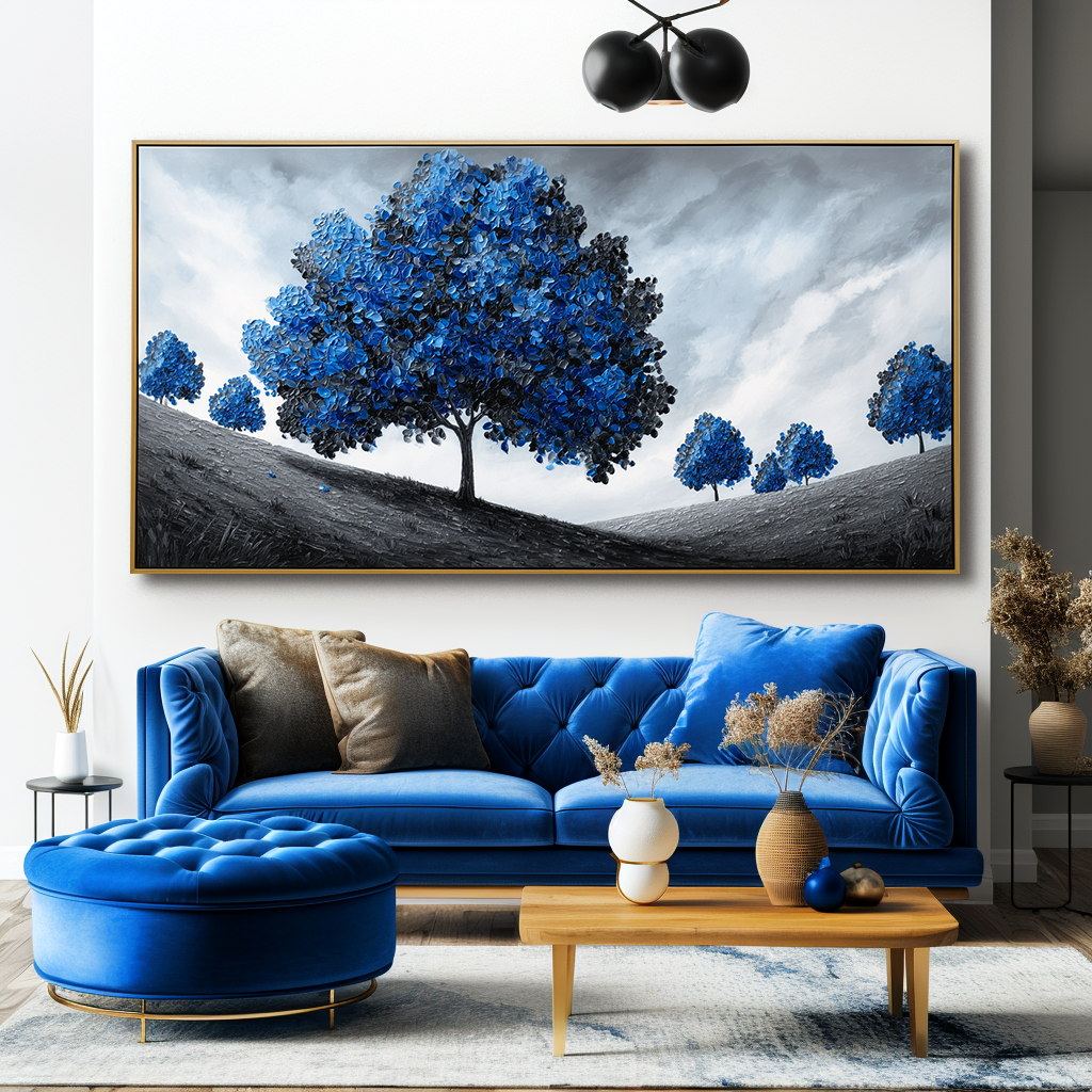 Serene Path - Textured Blue Tree Landscape Oil Painting