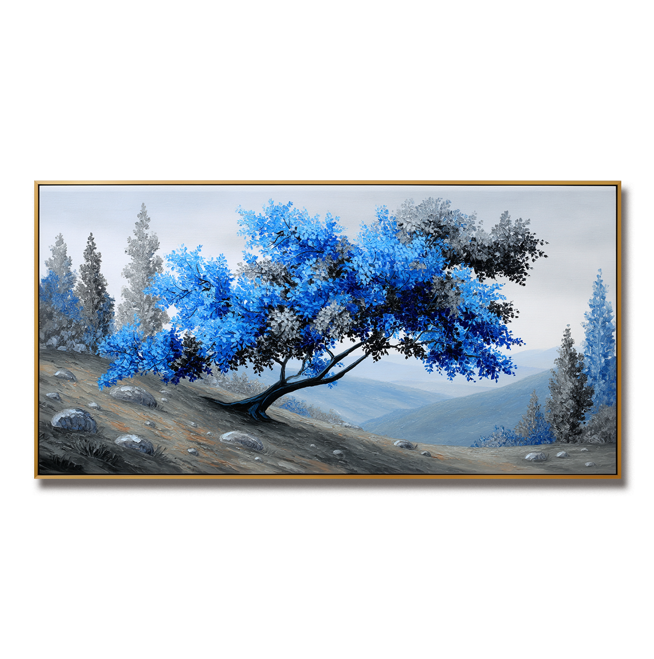 Windswept Calm - Textured Blue Tree Landscape Oil Painting