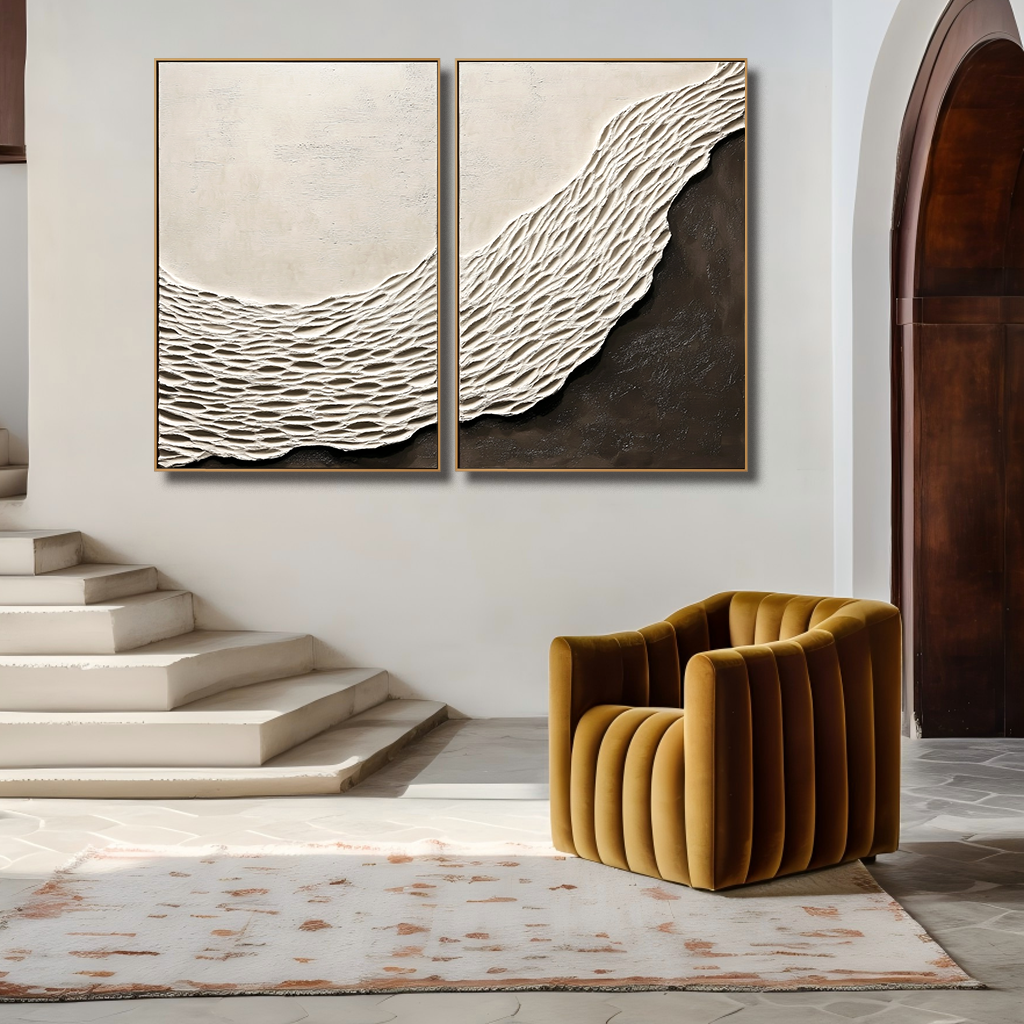 Shoreline Divide – Textured Abstract Diptych Wall Art
