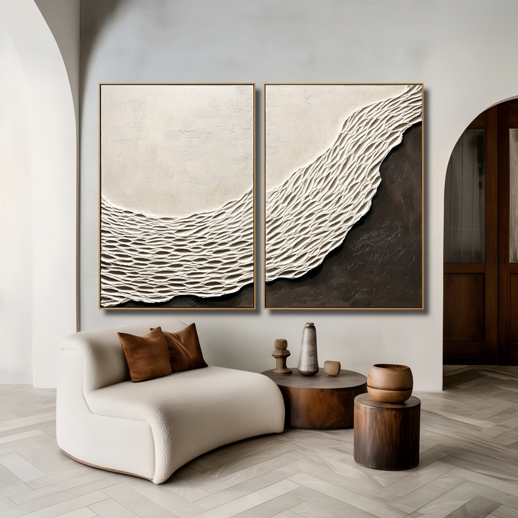 Shoreline Divide – Textured Abstract Diptych Wall Art