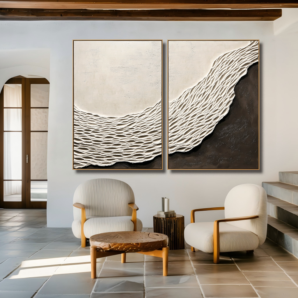 Shoreline Divide – Textured Abstract Diptych Wall Art