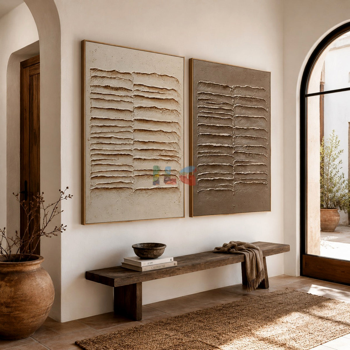 Folded Earth Lines Pair – Abstract Wabi-Sabi Relief Wall Art