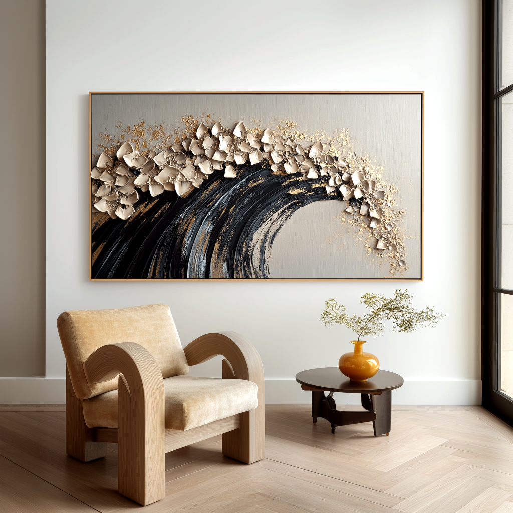Gilded Break – Textured Abstract Wave Wall Art