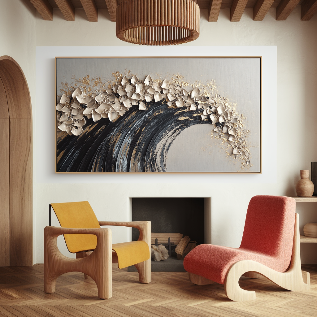 Gilded Break – Textured Abstract Wave Wall Art